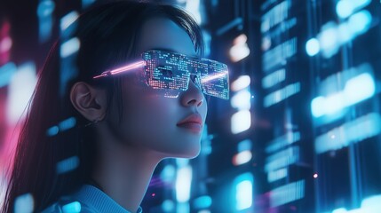 Naklejka premium Futuristic Woman with Holographic Glasses