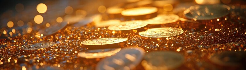 Close-up of shimmering coins reflecting warm light, creating an inviting texture that symbolizes wealth and prosperity.