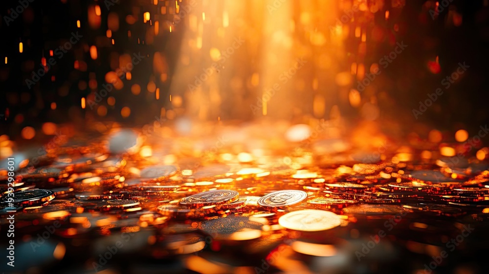 Poster a shimmering pile of coins illuminated by warm light, creating a rich and inviting texture, perfect 