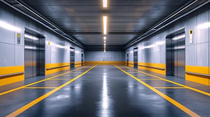 underground parking garage, silver stainless steel elevator door, white concrete walls, yellow stripe, fluorescent lighting, industrial aesthetic, empty space, symmetrical composition.