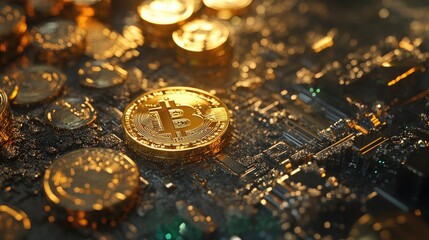 Close-up of golden cryptocurrency coins on a circuit board, reflecting light with intricate details, symbolizing digital finance and technology.