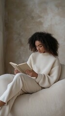 A woman reading a book while sitting comfortably on a soft chair in a serene, minimalistic space