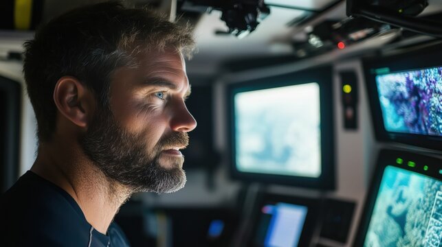 Man Monitoring Screens in Control Room
