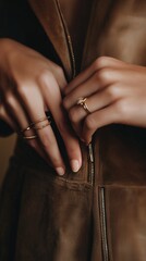Close-up of hands zipping a stylish brown jacket while wearing delicate rings during autumn