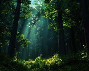 Obraz premium Sunlight Filtering Through Dense Forest Trees on a Summers Day