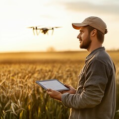 Farmer Using Drone and Tablet in Wheat Field