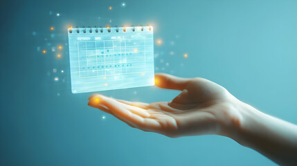 3d Flat icon as Hand with Holographic Meeting Agenda and Clock concept as A photo featuring a hand holding a holographic meeting agenda and a clock. The hand is positioned centrally leaving ample copy