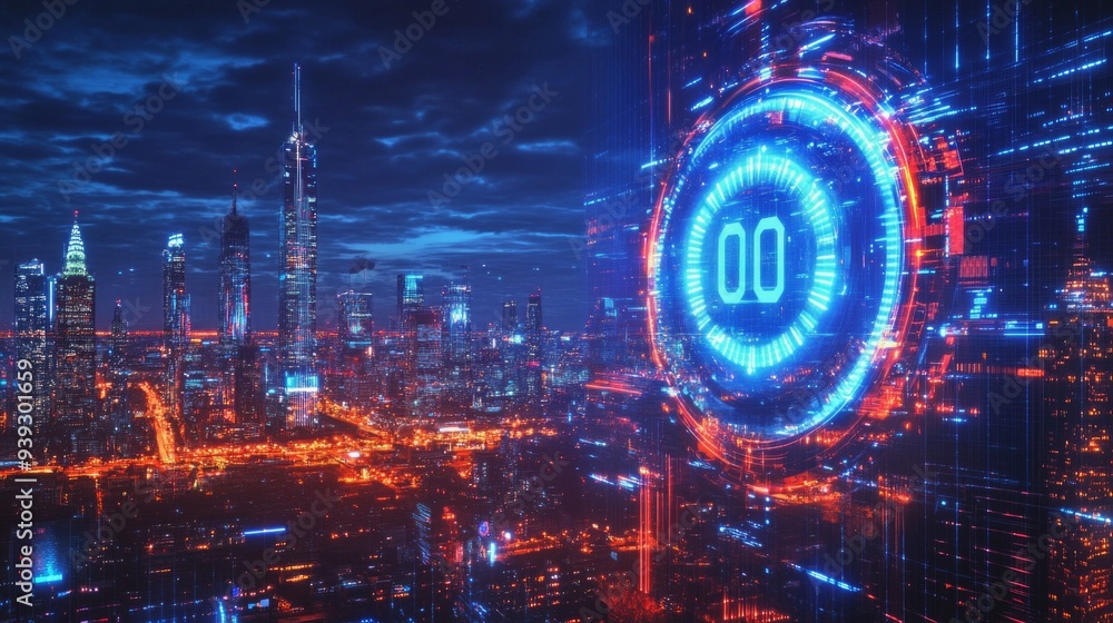 Poster futuristic cityscape with neon lights. an illuminated digital display features a glowing countdown. 