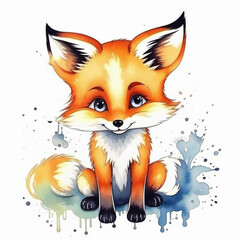 Obraz premium A cute, red fox, a forest, fluffy, wild animal. watercolor illustration. artificial intelligence generator, AI, neural network image. background for the design.