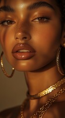 A close-up of a model with radiant skin and bold accessories posing in warm golden light