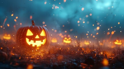 Twilight horizon with glowing jack-o'-lanterns on Halloween night