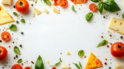 A vibrant arrangement of tomatoes, cheese, and basil, perfect for a culinary backdrop.