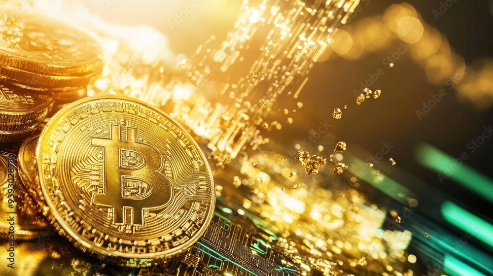 Poster close-up of shiny bitcoin on a digital background with sparkling elements, representing cryptocurren