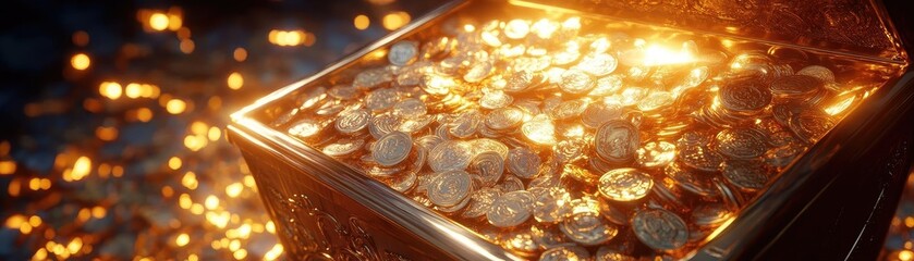 A treasure chest overflowing with gold coins, illuminated by a warm glow, evoking feelings of wealth and adventure.