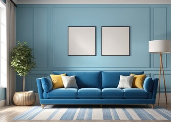 Interior of living room with blue sofa 3d rendering