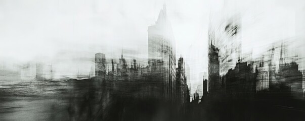 A moody cityscape with abstract, blurred buildings that evoke a sense of mystery and nostalgia in monochrome tones.