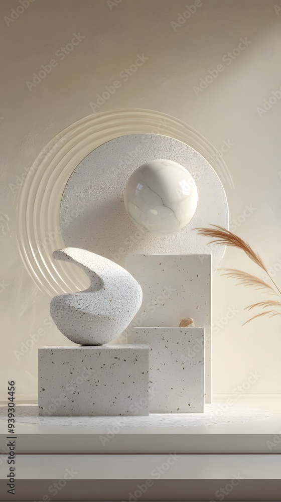 Poster 59. elegant 3d composition featuring dynamic geometric forms and a polished ceramic circle backdrop