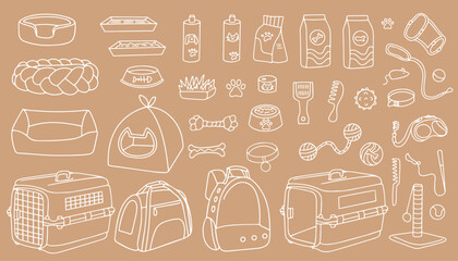 Pet shop icon set, pet care products, pet accessories, collars, bowls, leashes, toys, food. Vector 