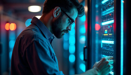 An IT specialist checking servers in a data center.