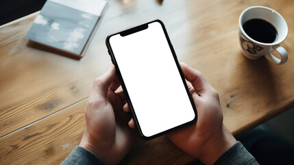 Desk with business documents and hands holding phone. Concept of online digital signature using Smartphone. Uses smartphone for work and analytics. Isolated on white with clipping path