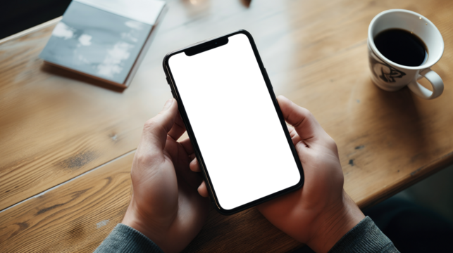 Desk with business documents and hands holding phone. Concept of online digital signature using Smartphone. Uses smartphone for work and analytics. Isolated on white with clipping path - Powered by Adobe