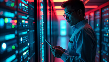 An IT specialist checking servers in a data center.