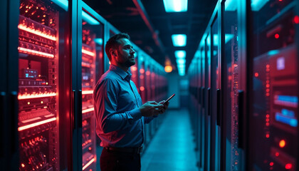 An IT specialist checking servers in a data center.