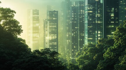 A beautiful image showing the juxtaposition of urban skyscrapers and lush greenery, representing harmony between nature and city life.