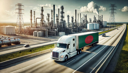 A freight truck, displaying the Bangladesh flag, travels along a highway beside a sprawling refinery, representing the connection between transportation and the energy sector