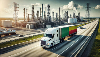 A freight truck, displaying the Benin flag, travels along a highway beside a sprawling refinery, representing the connection between transportation and the energy sector