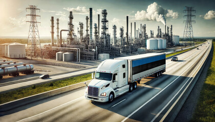 A freight truck, displaying the Estonia flag, travels along a highway beside a sprawling refinery, representing the connection between transportation and the energy sector
