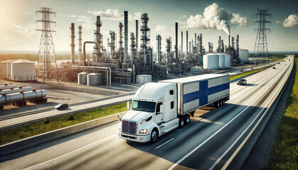 A freight truck, displaying the Finland flag, travels along a highway beside a sprawling refinery, representing the connection between transportation and the energy sector