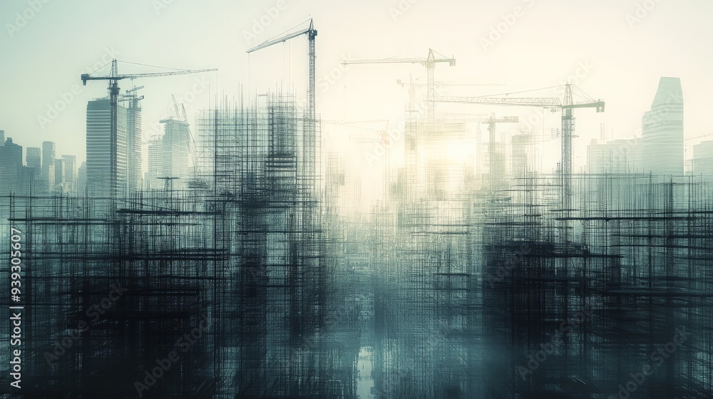 Poster a blurred image of a construction site with multiple cranes and buildings under construction in the 