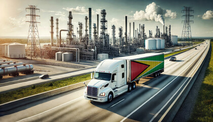 A freight truck, displaying the Guyana flag, travels along a highway beside a sprawling refinery, representing the connection between transportation and the energy sector