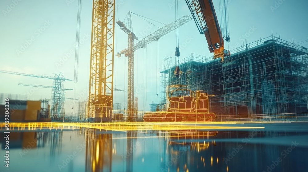 Poster a construction site with cranes and scaffolding, representing modern urban development and architect