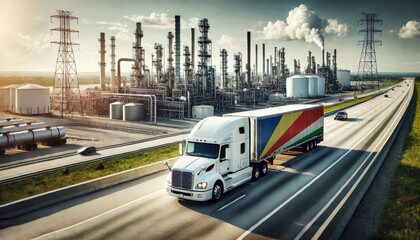 A freight truck, displaying the Seychelles flag, travels along a highway beside a sprawling refinery, representing the connection between transportation and the energy sector