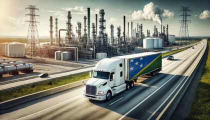 A freight truck, displaying the Solomon Islands flag, travels along a highway beside a sprawling refinery, representing the connection between transportation and the energy sector