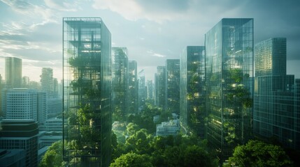 A futuristic cityscape with high-rise buildings integrated with lush greenery and trees, promoting an eco-friendly urban environment.