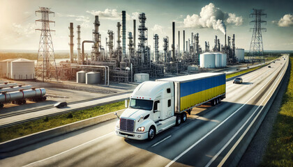 A freight truck, displaying the Ukraine flag, travels along a highway beside a sprawling refinery, representing the connection between transportation and the energy sector