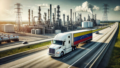 A freight truck, displaying the Venezuela flag, travels along a highway beside a sprawling refinery, representing the connection between transportation and the energy sector