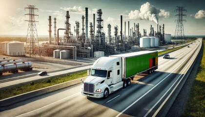 A freight truck, displaying the Zambia flag, travels along a highway beside a sprawling refinery, representing the connection between transportation and the energy sector