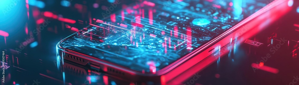 Poster close-up of a smartphone showcasing an abstract digital interface with vibrant colors and intricate 