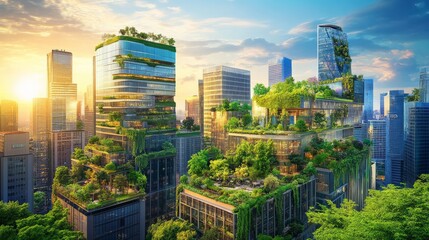Obraz premium A futuristic green cityscape showcasing innovative eco-friendly buildings with lush rooftop gardens under a bright sky at sunrise.