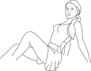 Woman wearing summer dress posing for photo shoot, Hand drawn in thin line style