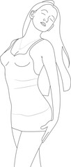 Girl in summer dress and posing for photo, Hand drawn in thin line style