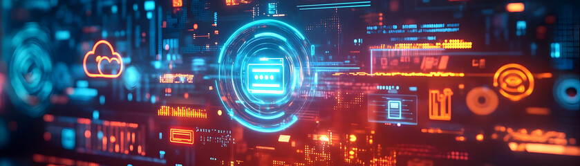 Obraz premium Photo Realistic as Glossy Glowing Holographic Laptop and Calendar concept as A photo featuring a glossy glowing holographic laptop and a calendar. The objects are positioned towards the right highligh