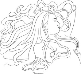 Girl Sleeping on her long hair, Hand drawn in thin line style