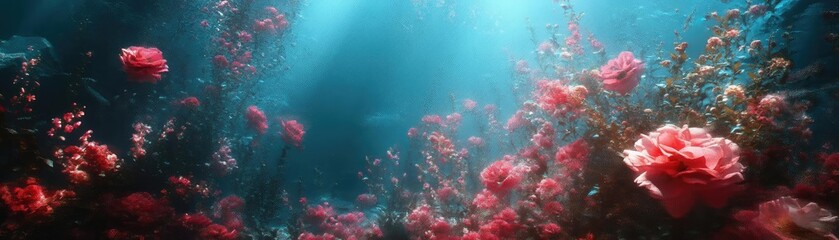 Naklejka premium A vibrant underwater scene featuring colorful coral reefs illuminated by sunlight, creating a serene aquatic atmosphere.