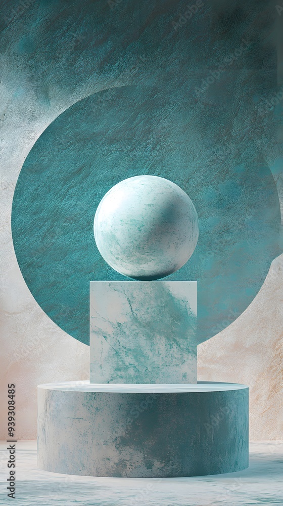 Poster 50. artistic 3d render with layered geometric shapes and a textured ceramic circle backdrop