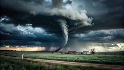 Obraz premium Tornado forming over a field with houses in the distance